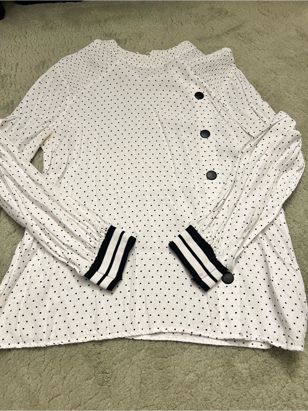 Zara White Long Sleeve Polka Dot Top with Black Stripe Cuffs